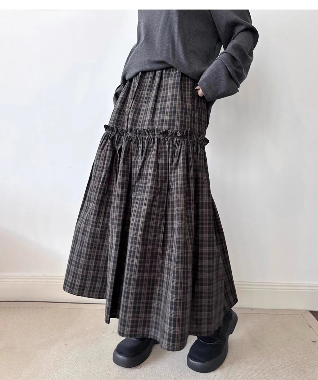 Vintage Plaid Pleated Midi Skirt