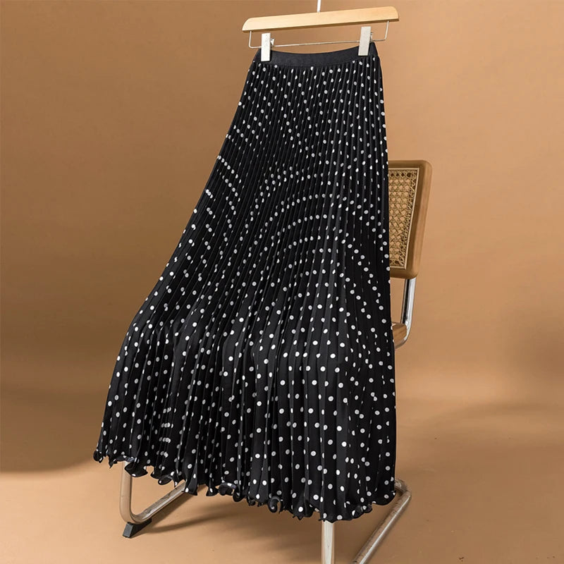 Polka Dot Pleated Long Skirt