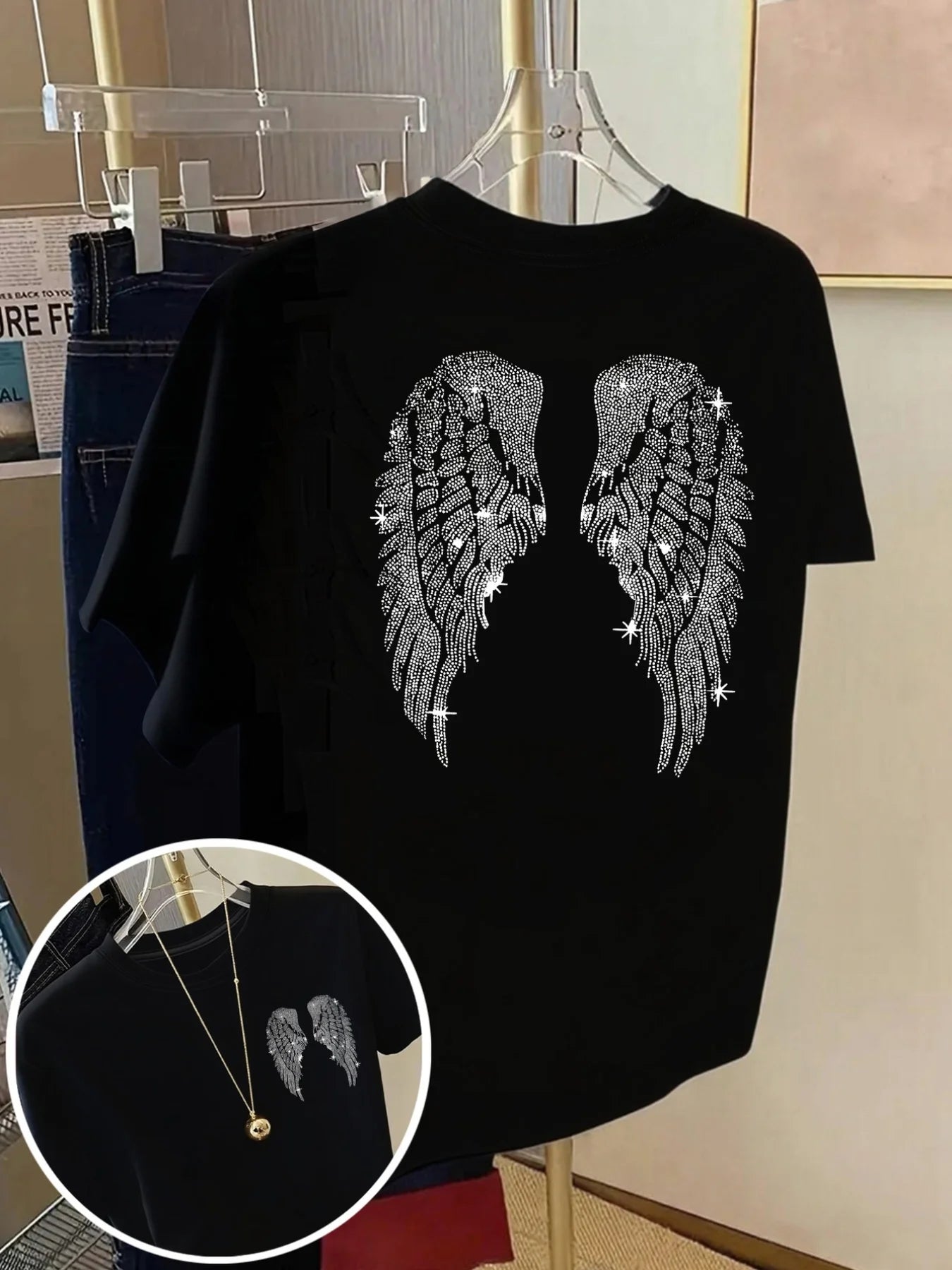 Fashion Casual Tops Rhinestone Angel Wings TShirt -Sparkling Hotfix Diamond Casual Tee Double-Sided Print Women TShirt Women
